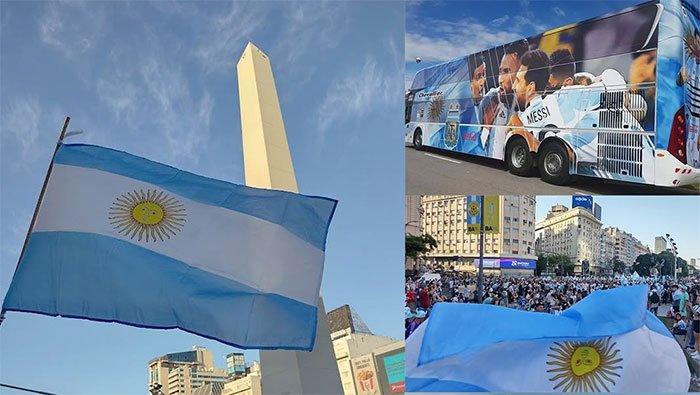 Hinchas argentinos festejando con la Selección en el Obelisco de Buenos Aires